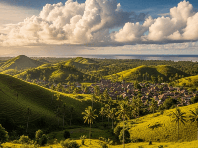 Flores Island landscape with green hills and tropical vegetation
