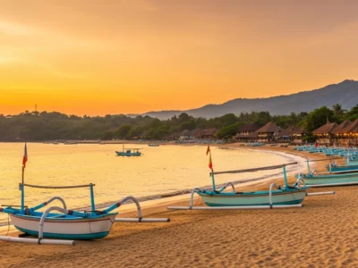 Jimbaran Bay, Bali at golden sunset with fishing boats on the beach
