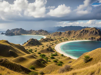 Komodo Island coastline with savanna hills and turquoise sea