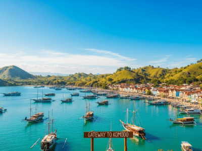 labuan-bajo Labuan Bajo harbor with traditional boats and turquoise water
