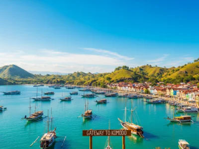 Labuan Bajo harbor with traditional boats and turquoise water