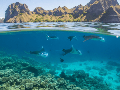 Manta Point Komodo with manta rays in crystal clear water